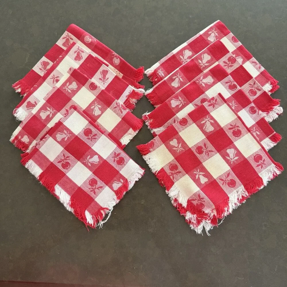 Vtg Gingham Red White Check Fringed Set of 8 Napkins Red Apple Pear Vintage